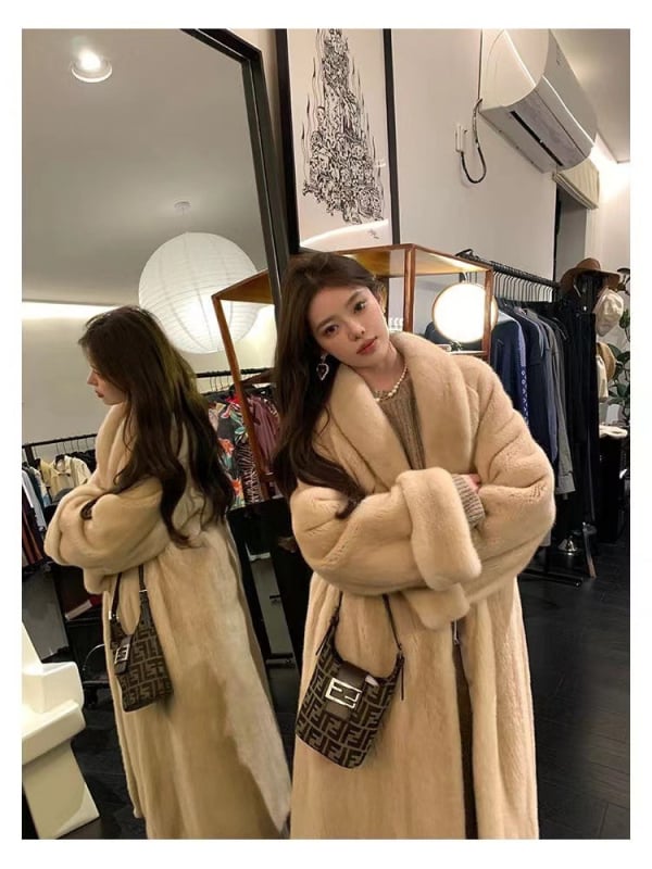 Палто от изкуствена лисица в корейски стил, дълго палто с V-образно деколте и дълги ръкави, велурова текстура