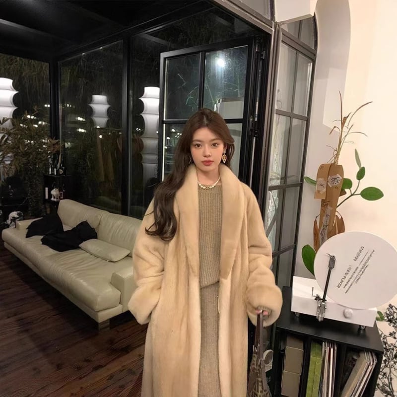 Палто от изкуствена лисица в корейски стил, дълго палто с V-образно деколте и дълги ръкави, велурова текстура