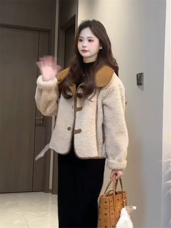 Дамско реверсивно яке от изкуствена агнешка вълна, къс стил, подплатено с флис, удебелено, с лацкан