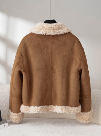 Реверсивно палто от агнешки пух за жени, основен плат 95% вълна, дълги ръкави, ла-пел яка, обикновена дължина 50–65 см, двустранно носене, зима 2025, градски стил