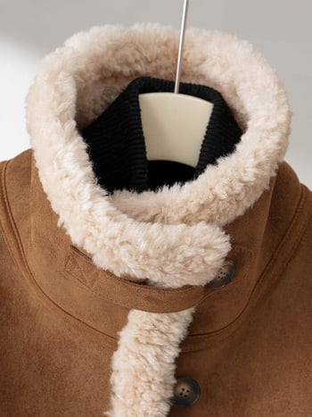 Реверсивно палто от агнешки пух за жени, основен плат 95% вълна, дълги ръкави, ла-пел яка, обикновена дължина 50–65 см, двустранно носене, зима 2025, градски стил