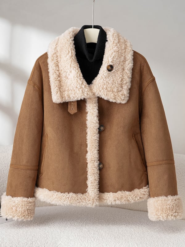 Реверсивно палто от агнешки пух за жени, основен плат 95% вълна, дълги ръкави, ла-пел яка, обикновена дължина 50–65 см, двустранно носене, зима 2025, градски стил