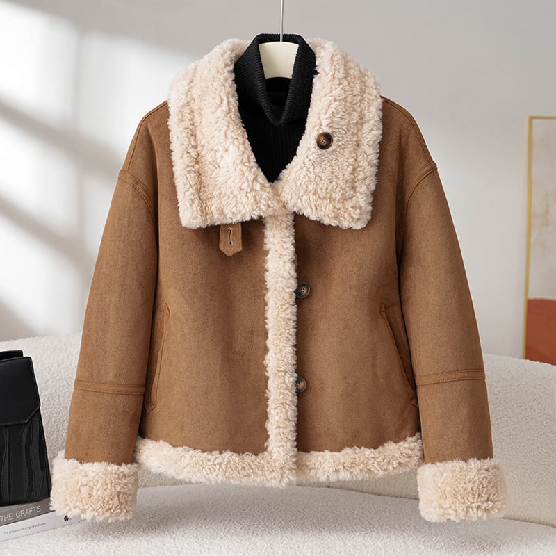 Реверсивно палто от агнешки пух за жени, основен плат 95% вълна, дълги ръкави, ла-пел яка, обикновена дължина 50–65 см, двустранно носене, зима 2025, градски стил