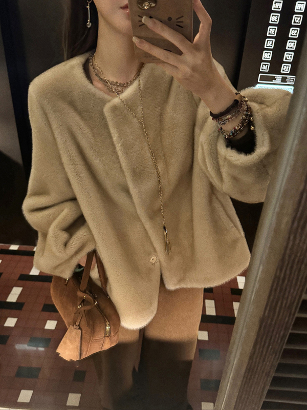 Palto od umjetne kože, ekološki Mink Velvet, okrugli ovratnik, dugi rukavi