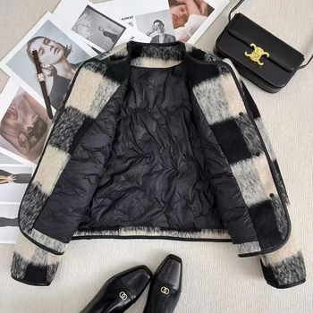 Ženski zimski kaput s kariranim uzorkom, okrugli ovratnik, dugi rukavi, kratka duljina, Chanel-inspiriran stil