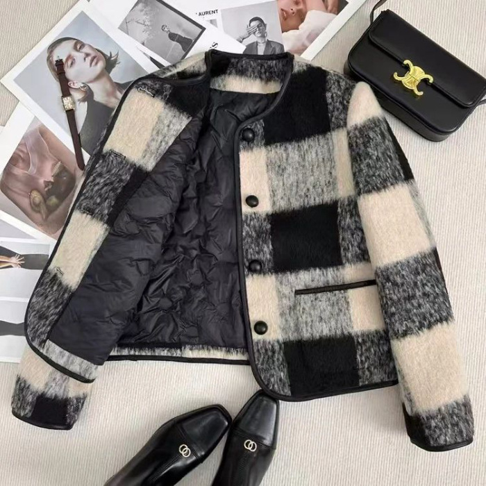 Ženski zimski kaput s kariranim uzorkom, okrugli ovratnik, dugi rukavi, kratka duljina, Chanel-inspiriran stil