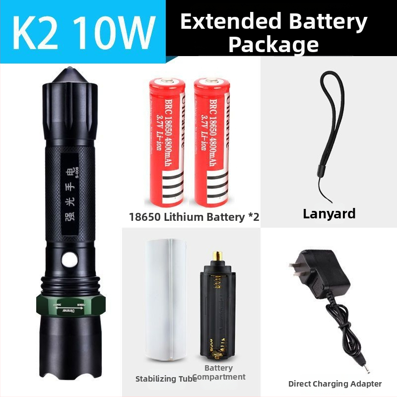 Újratölthető nagy fényerősségű zseblámpa hosszú hatótávolsággal, lézeres fényforrás, 30W, alumíniumötvözet, akkumulátorról működik, többfunkciós önvédelem