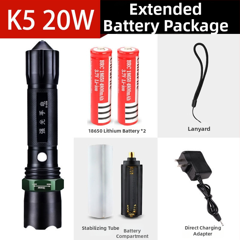 Újratölthető nagy fényerősségű zseblámpa hosszú hatótávolsággal, lézeres fényforrás, 30W, alumíniumötvözet, akkumulátorról működik, többfunkciós önvédelem