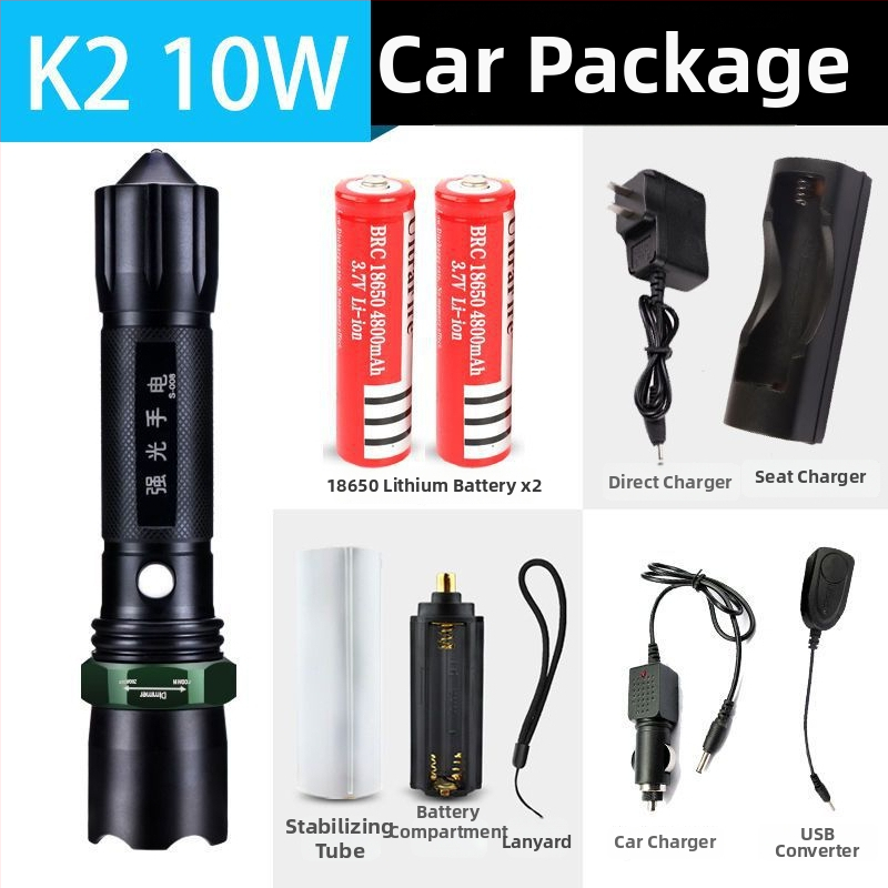 Újratölthető nagy fényerősségű zseblámpa hosszú hatótávolsággal, lézeres fényforrás, 30W, alumíniumötvözet, akkumulátorról működik, többfunkciós önvédelem