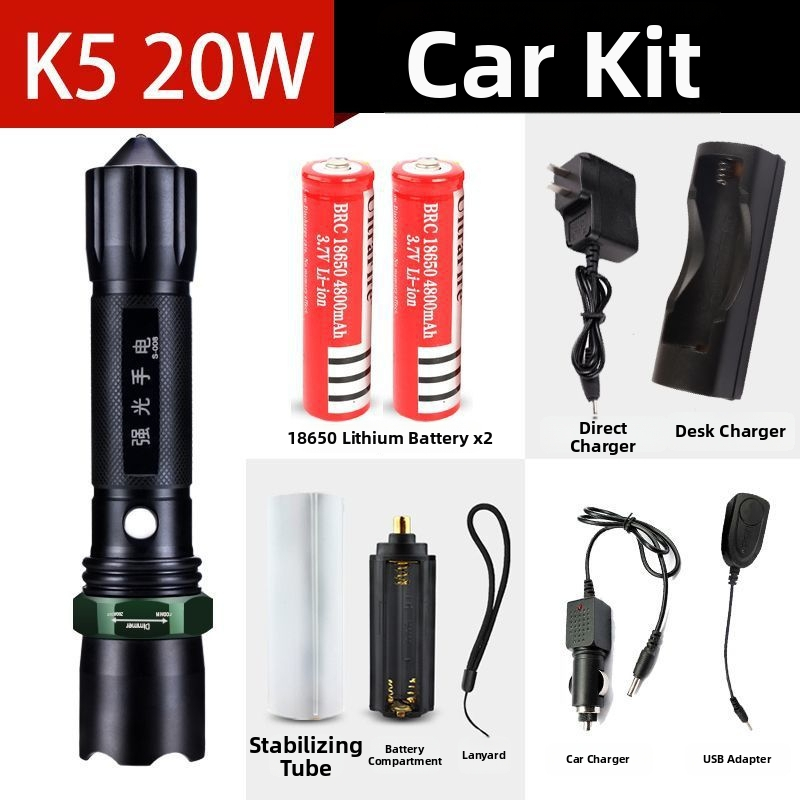 Újratölthető nagy fényerősségű zseblámpa hosszú hatótávolsággal, lézeres fényforrás, 30W, alumíniumötvözet, akkumulátorról működik, többfunkciós önvédelem