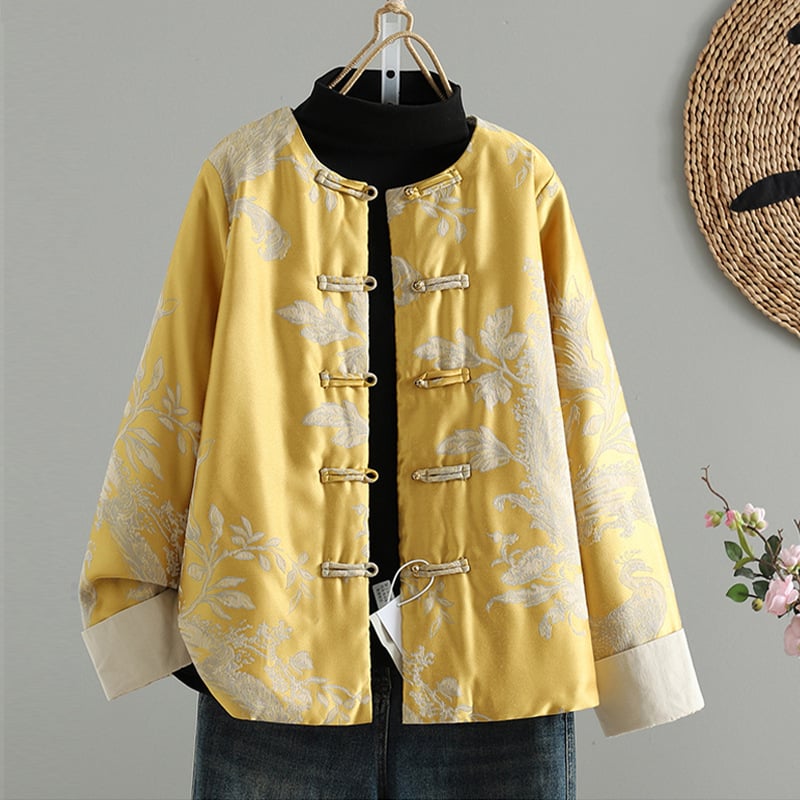 Яке от сатен с танг стил, жакардова шарка, квилиран памук, свободен силует