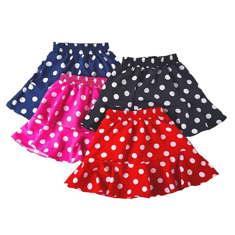 Детска корейски стил А‑линия пола от шифон с полка точки, с рюш, полиестер 90%