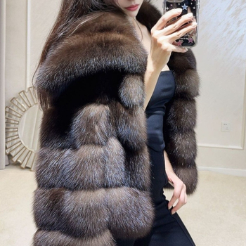 Шуба от собол козина с голям лацкан, поло яка, изкуствена козина по яка, Chenille плат (козина от собол, голям лацкан, поло яка, изкуствена козина по яка, Chenille плат)