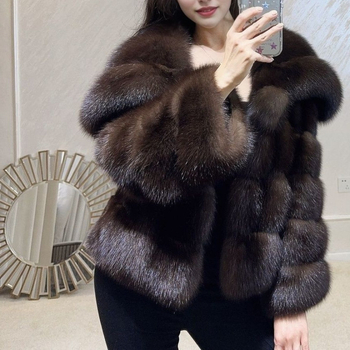 Шуба от собол козина с голям лацкан, поло яка, изкуствена козина по яка, Chenille плат (козина от собол, голям лацкан, поло яка, изкуствена козина по яка, Chenille плат)