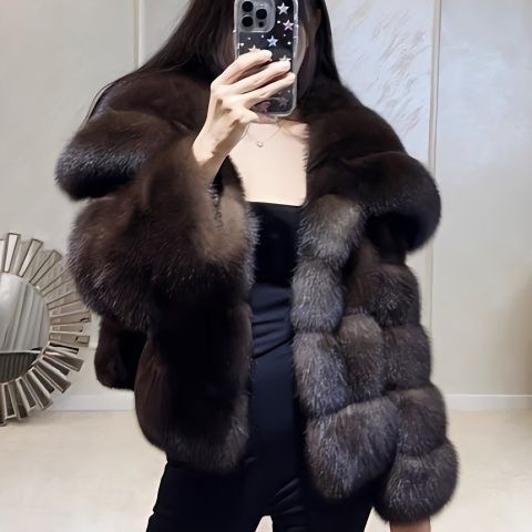 Шуба от собол козина с голям лацкан, поло яка, изкуствена козина по яка, Chenille плат (козина от собол, голям лацкан, поло яка, изкуствена козина по яка, Chenille плат)