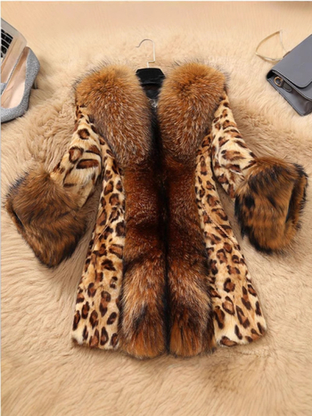 Ženski kaput s leopard printom od umjetne krzne, srednje duljine, ovratnik od umjetne krzne i V-izrez