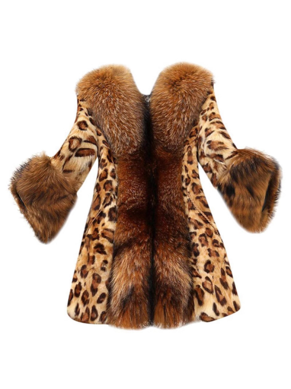 Ženski kaput s leopard printom od umjetne krzne, srednje duljine, ovratnik od umjetne krzne i V-izrez