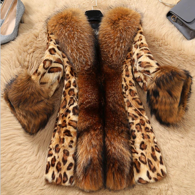 Ženski kaput s leopard printom od umjetne krzne, srednje duljine, ovratnik od umjetne krzne i V-izrez