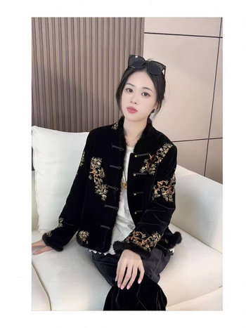 Női zakó kínai stílusban virágos hímzéssel poliészter anyagon