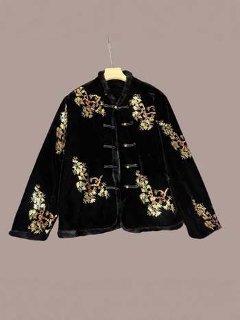 Női zakó kínai stílusban virágos hímzéssel poliészter anyagon