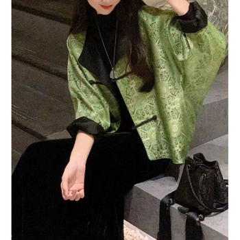 Палто, китайски стил Тан, прав силует, жаккардов полиестер, еднобортово закопчаване