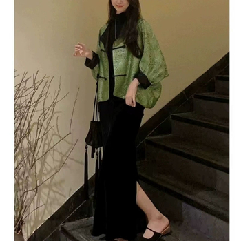 Палто, китайски стил Тан, прав силует, жаккардов полиестер, еднобортово закопчаване