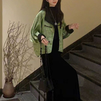 Палто, китайски стил Тан, прав силует, жаккардов полиестер, еднобортово закопчаване