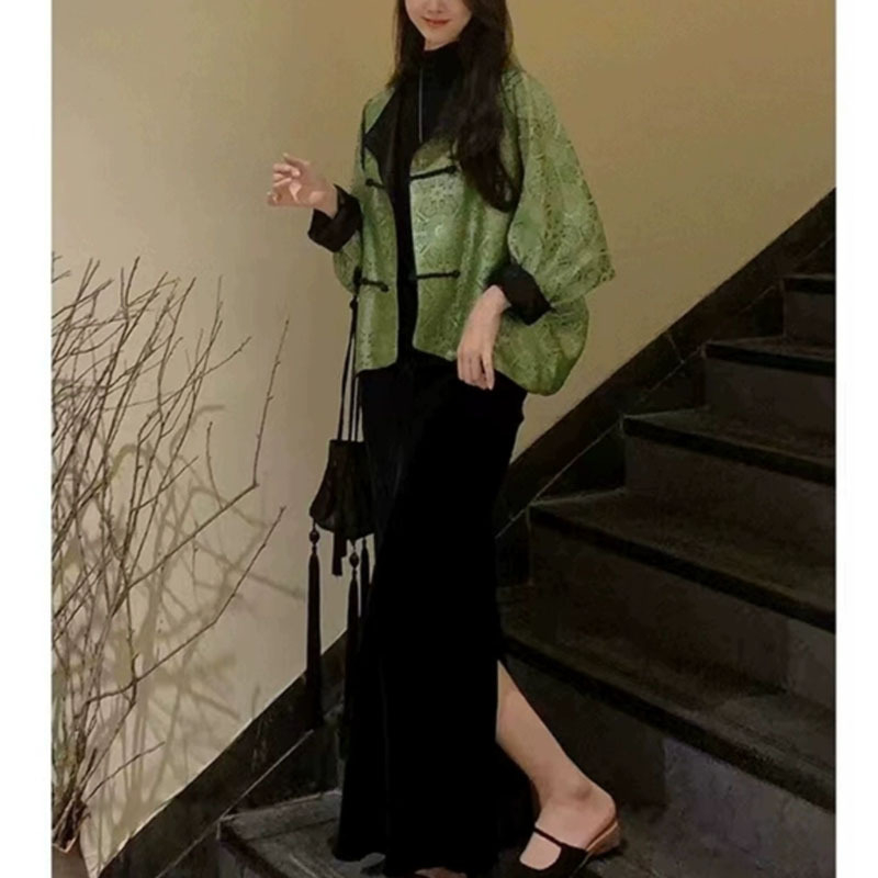 Палто, китайски стил Тан, прав силует, жаккардов полиестер, еднобортово закопчаване