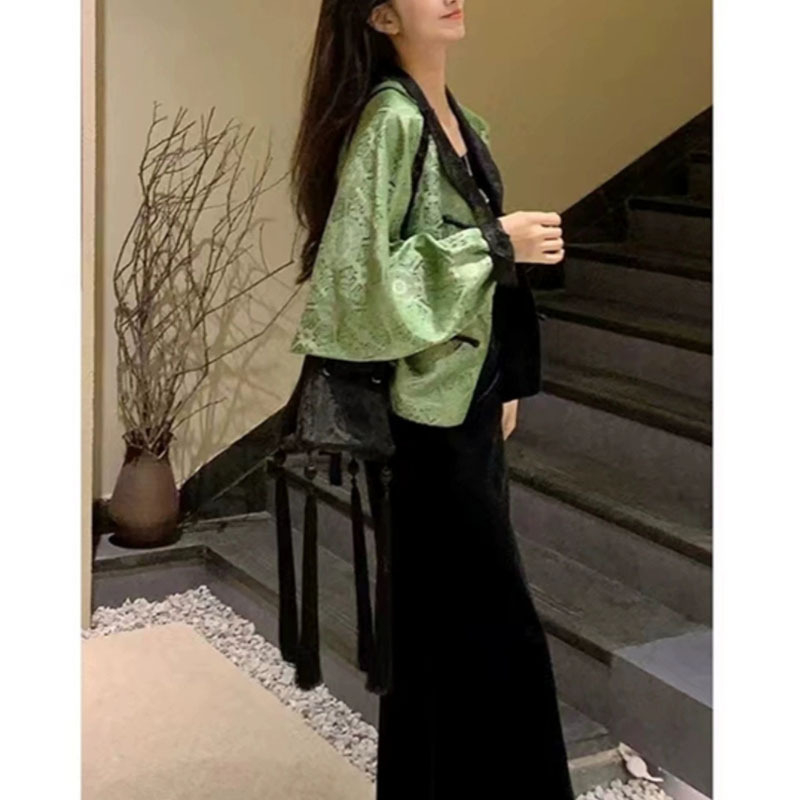 Палто, китайски стил Тан, прав силует, жаккардов полиестер, еднобортово закопчаване