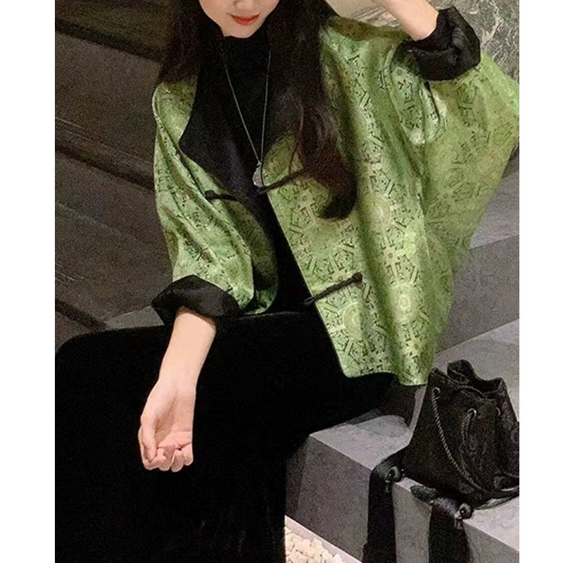 Палто, китайски стил Тан, прав силует, жаккардов полиестер, еднобортово закопчаване