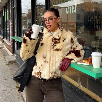 FEASY палто от изкуствен косъм с леопардов принт, свободен силует, дълги ръкави