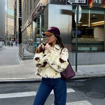 FEASY палто от изкуствен косъм с леопардов принт, свободен силует, дълги ръкави