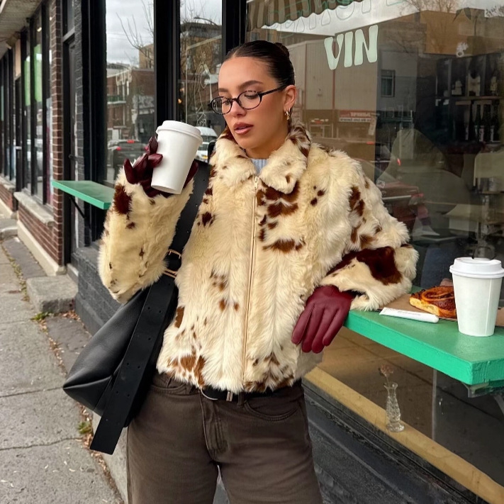 FEASY палто от изкуствен косъм с леопардов принт, свободен силует, дълги ръкави