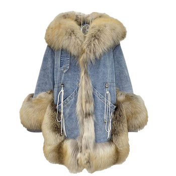 Ženska jakna od umjetne lisice s denim patchworkom i kožnim detaljima, polo ovratnik, bez rukava, Chenille tkanina
