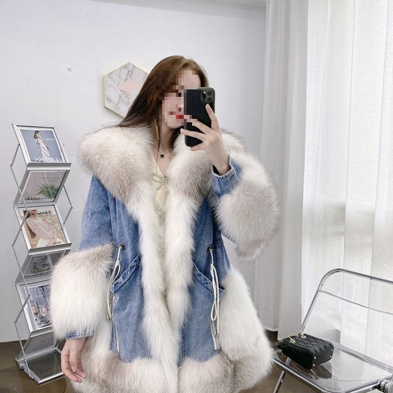 Ženska jakna od umjetne lisice s denim patchworkom i kožnim detaljima, polo ovratnik, bez rukava, Chenille tkanina