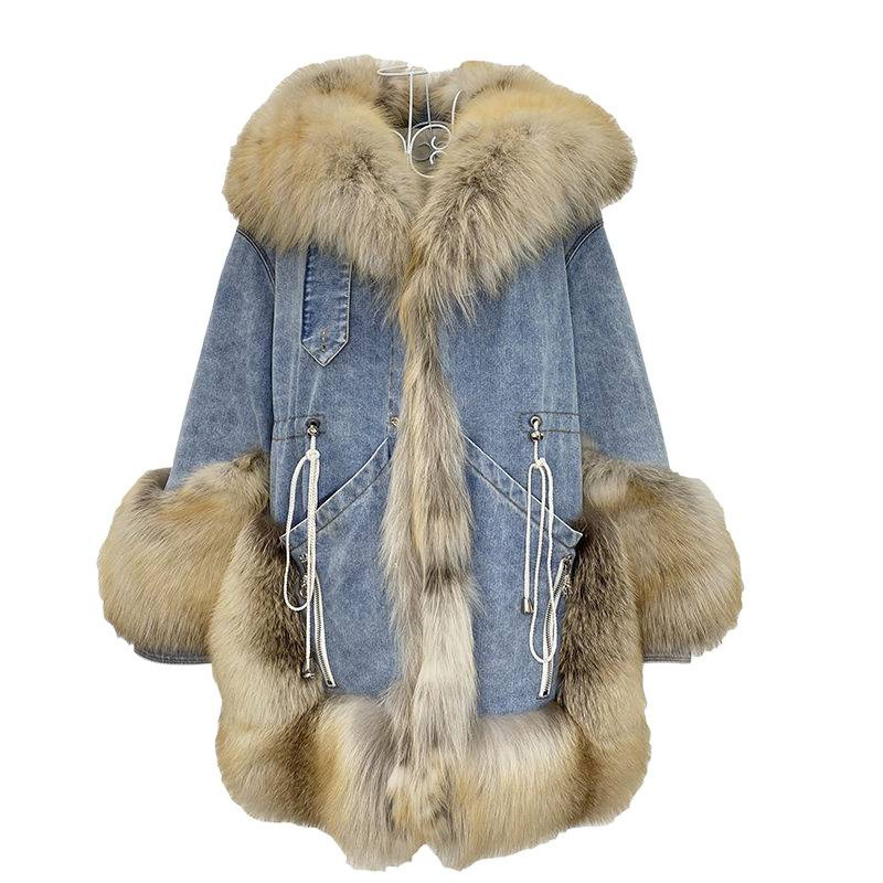 Ženska jakna od umjetne lisice s denim patchworkom i kožnim detaljima, polo ovratnik, bez rukava, Chenille tkanina