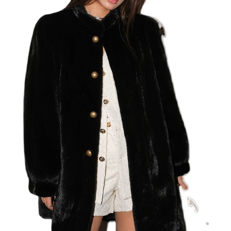 Палто от изкуствена норкова козина, стойкова яка, принцесови ръкави, средна дължина, за дами, зима 2024
