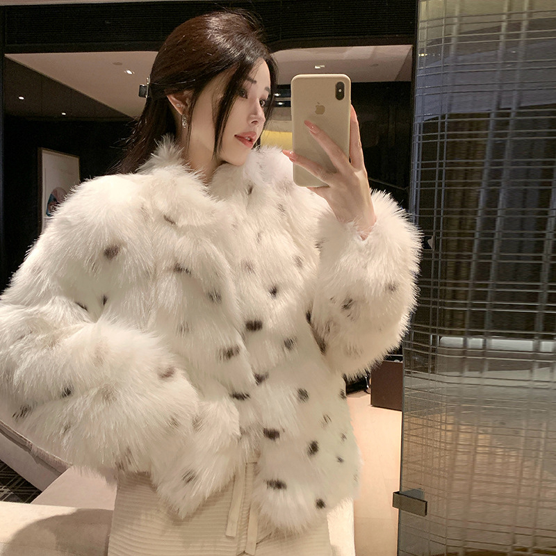 Jakna od lisicina krzna s ovratnikom, koža-krzno spoj, dugi rukavi, gradski elegantan stil za žene
