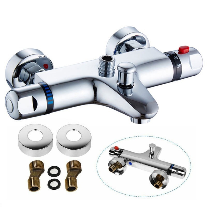 Robinet de duș termostatic încastrat, montat pe perete, cu mecanism de ridicare‑blocare, corp din cupru, interval de temperatură 15–95°C, intrare/ieșire 26 mm