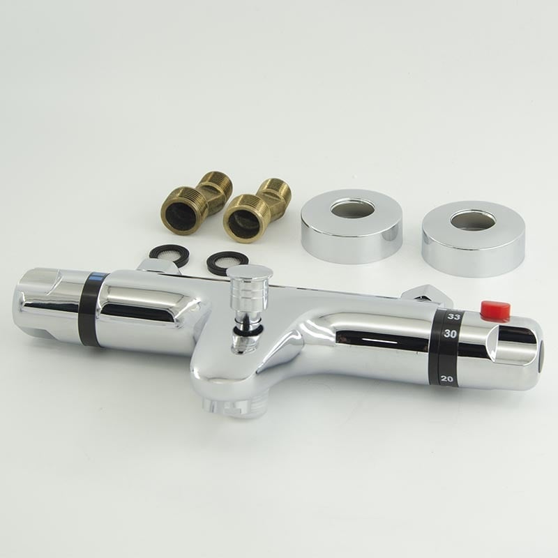 Robinet de duș termostatic încastrat, montat pe perete, cu mecanism de ridicare‑blocare, corp din cupru, interval de temperatură 15–95°C, intrare/ieșire 26 mm