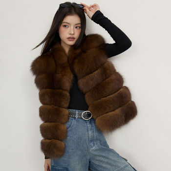 Жилет от изкуствена козина за жени – средна дължина, без ръкави, с яка от козина