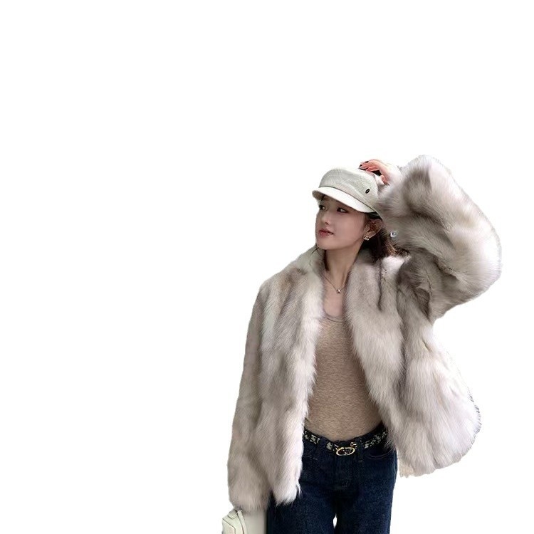 Дамско палто от изкуствена козина лисица, екологично чисто, дълги ръкави, без яка, градски стил, зима 2024