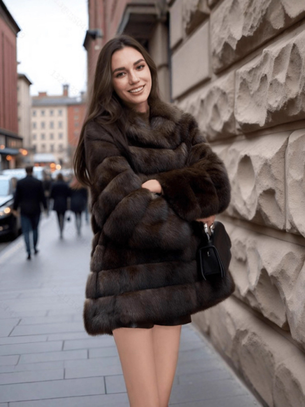 Палто от изкуствен мех, средна дължина, с качулка, дълги ръкави, за възрастни жени