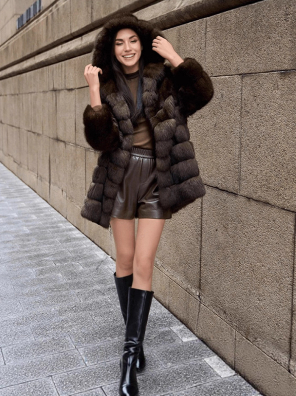 Палто от изкуствен мех, средна дължина, с качулка, дълги ръкави, за възрастни жени