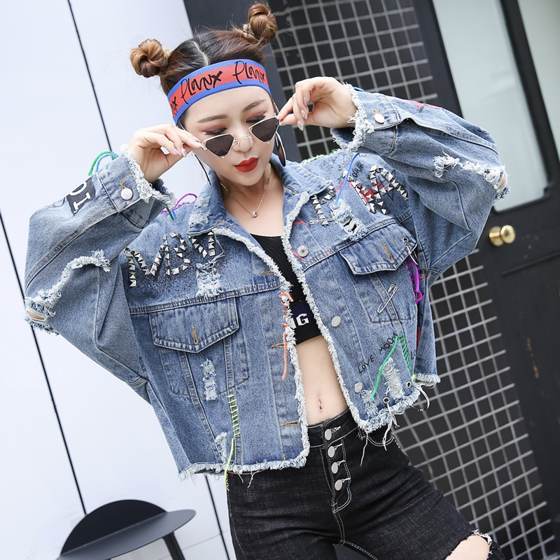 Дънково яке с принт букви, свободно крое, поло яка, дълги ръкави, 80–90% памук