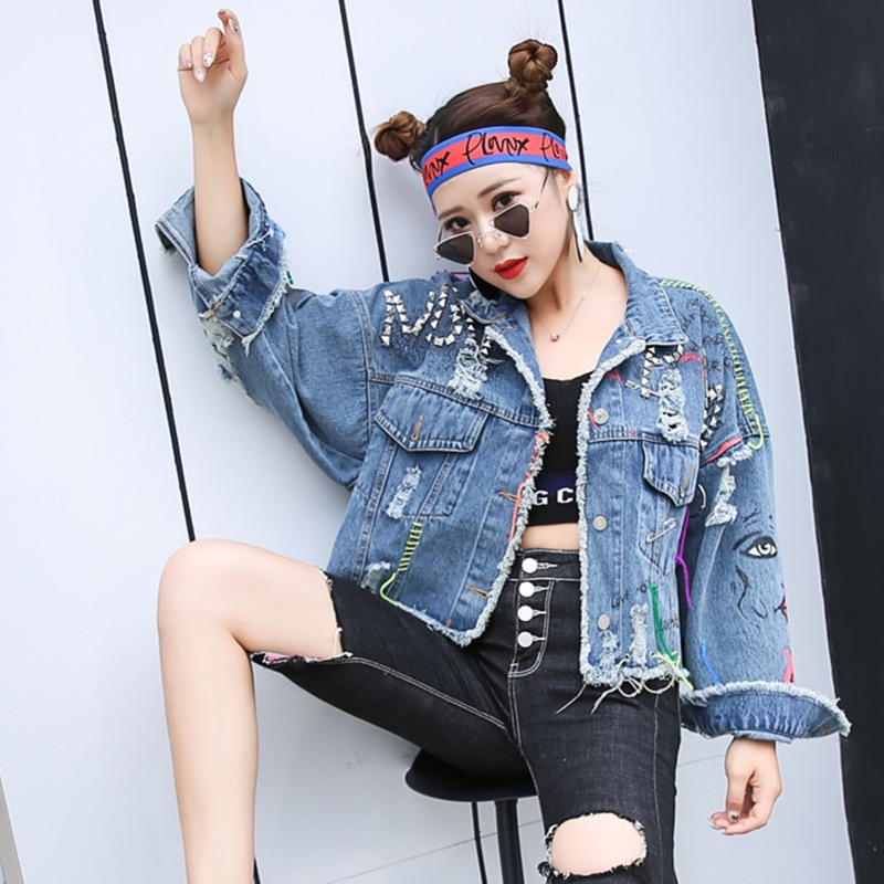 Дънково яке с принт букви, свободно крое, поло яка, дълги ръкави, 80–90% памук