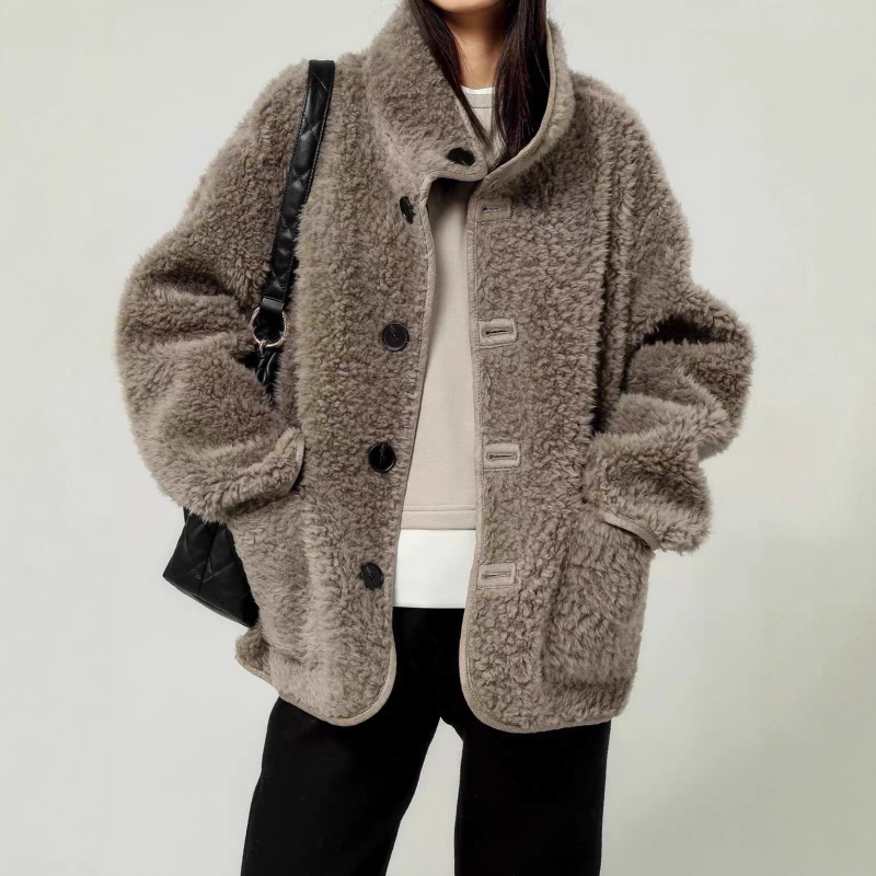 Двупосочно дебело поларено яке със стойка яка, средна дължина