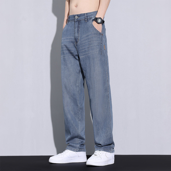 Дънки, прави крачета, средна талия, тънък плат, Lyocell‑памучна смес с множество джобове