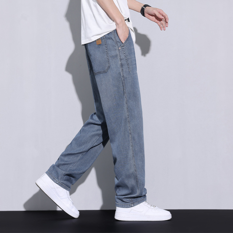 Дънки, прави крачета, средна талия, тънък плат, Lyocell‑памучна смес с множество джобове