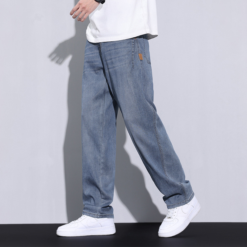 Дънки, прави крачета, средна талия, тънък плат, Lyocell‑памучна смес с множество джобове